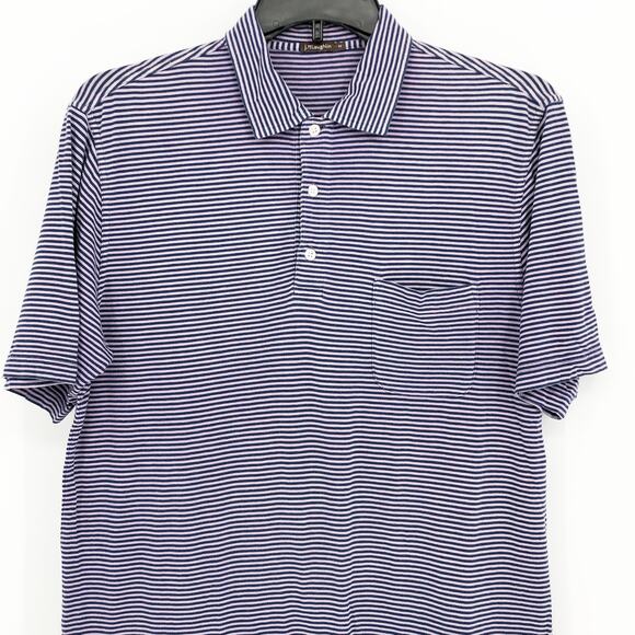 J. McLaughlin Mens Polo Shirt Medium Purple Blue Stripe Collared Short Sleeve - Picture 2 of 9